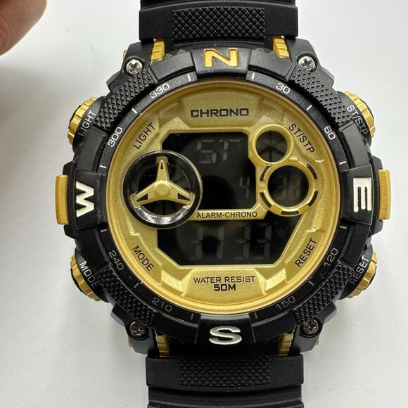 George Chrono Digital Watch Men Black Gold Large Round Dial 53MM New Battery - Picture 1 of 12